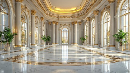 Fototapeta premium Elegant grand hall with marble flooring and large windows, showcasing natural light and greenery