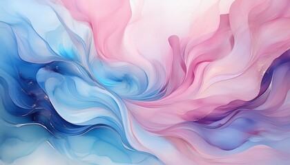 Watercolor splash background with fluid artistic brushstrokes in soft pastel blue and pink hues, creating a serene and gentle artistic effect