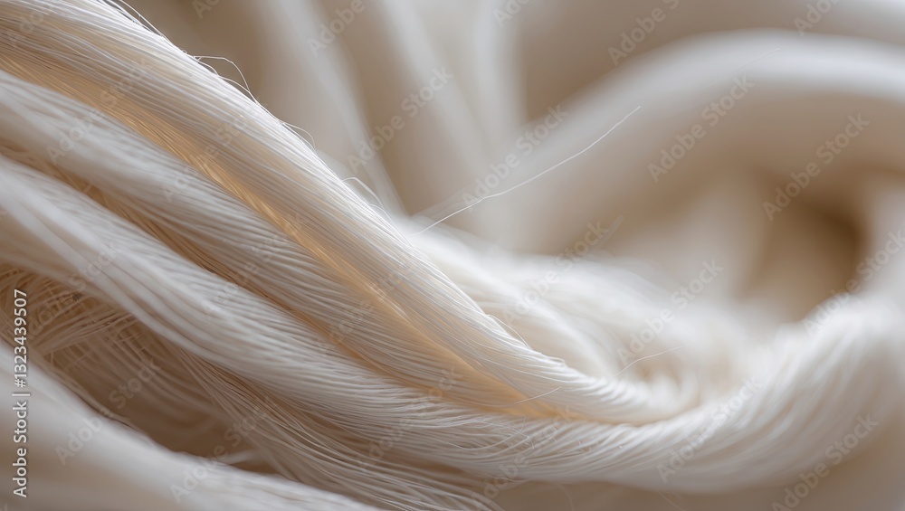 Poster delicate white polyester fiber strands with soft focus and gentle curves, featuring ample blank spac