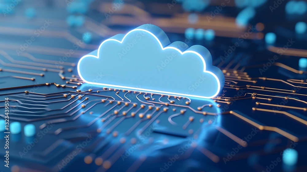Poster digital cloud icon over circuit board background for technology and data storage concepts