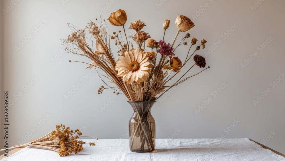 Poster Dried flowers in a glass vase create a rustic centerpiece on a white table against a soft light background with space for text.