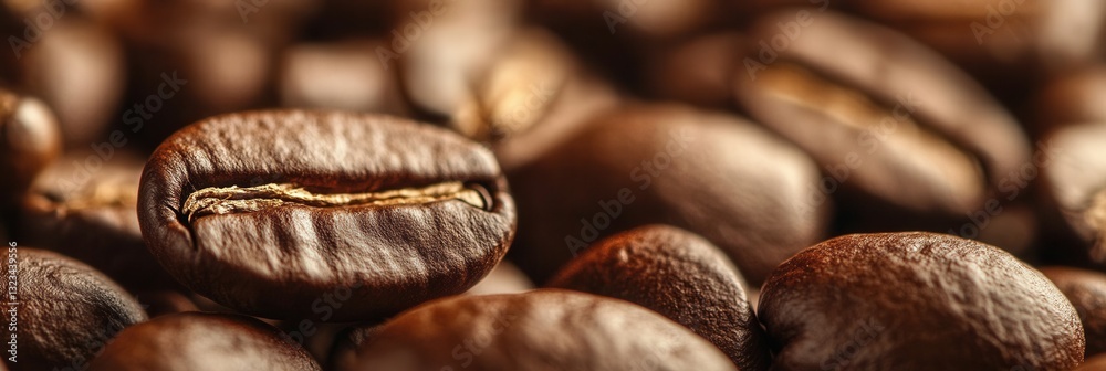 Poster close-up of roasted coffee beans showcasing rich textures and warm brown tones with a standout bean 