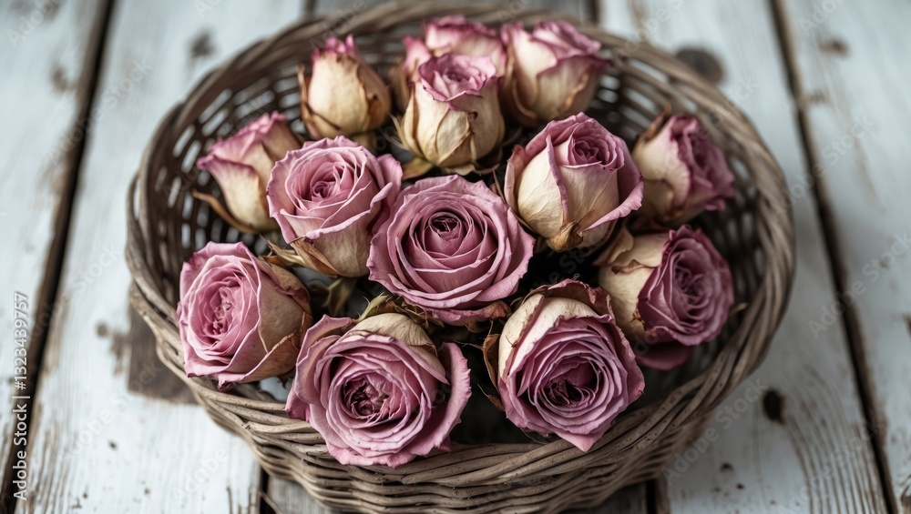 Poster dried pink roses arranged in a round wicker basket centered on a rustic white wooden surface creatin