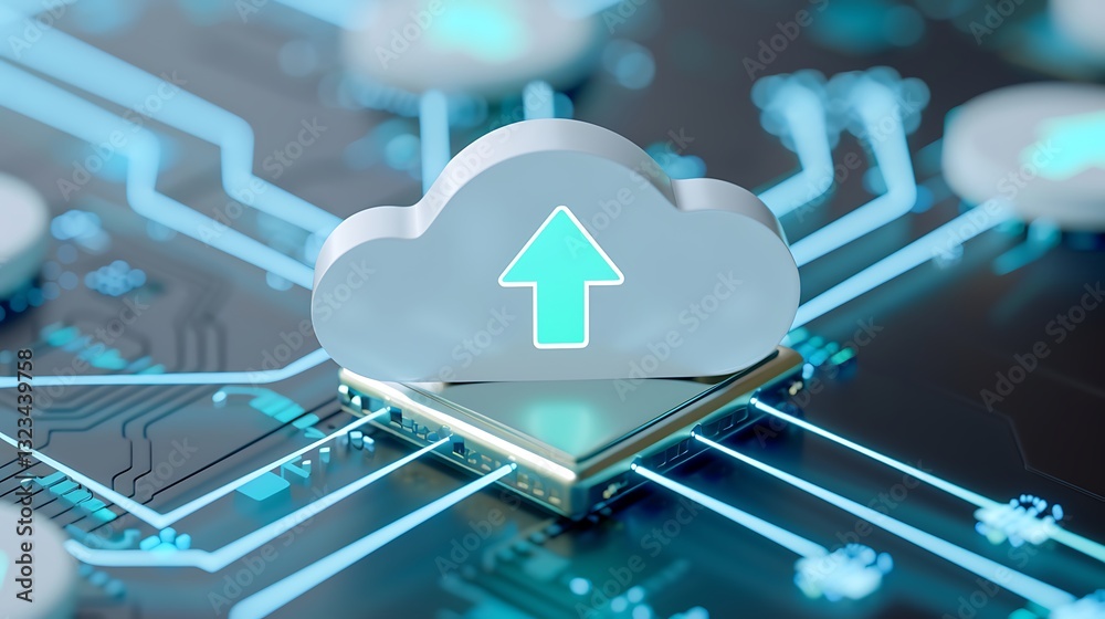 Poster digital cloud icon with upload arrow on circuit board background for technology and data transfer il