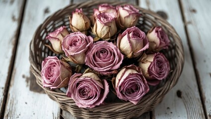 Dried pink roses arranged in a round wicker basket centered on a rustic white wooden surface creating a shabby chic home decor vibe.