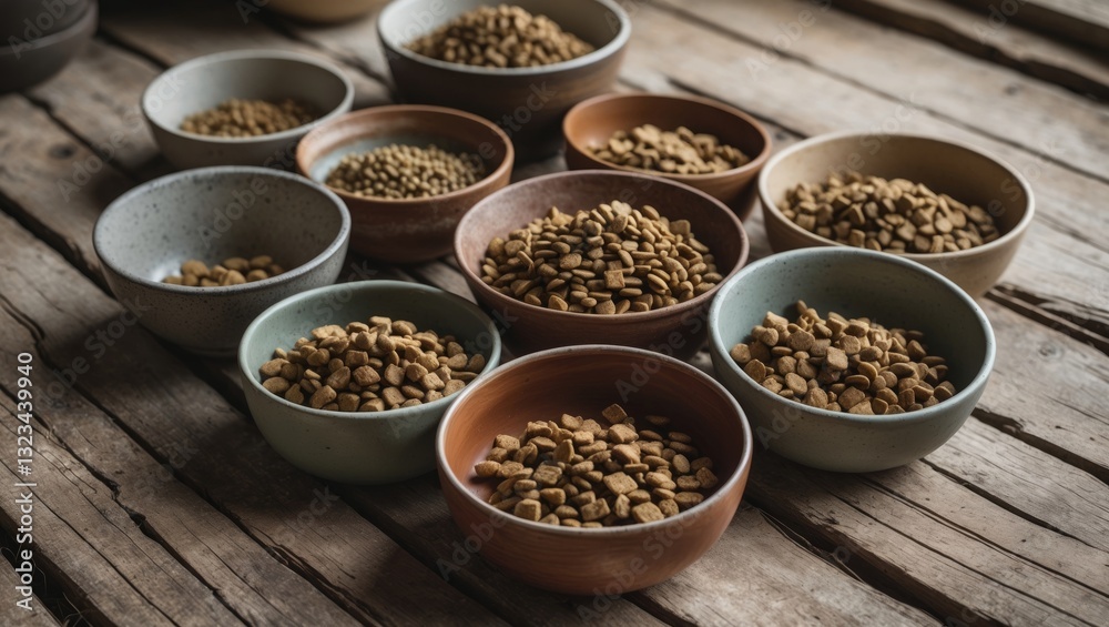 Poster pet food bowls with dry kibble in various earthy tones arranged on rustic wooden floor. copyspace av