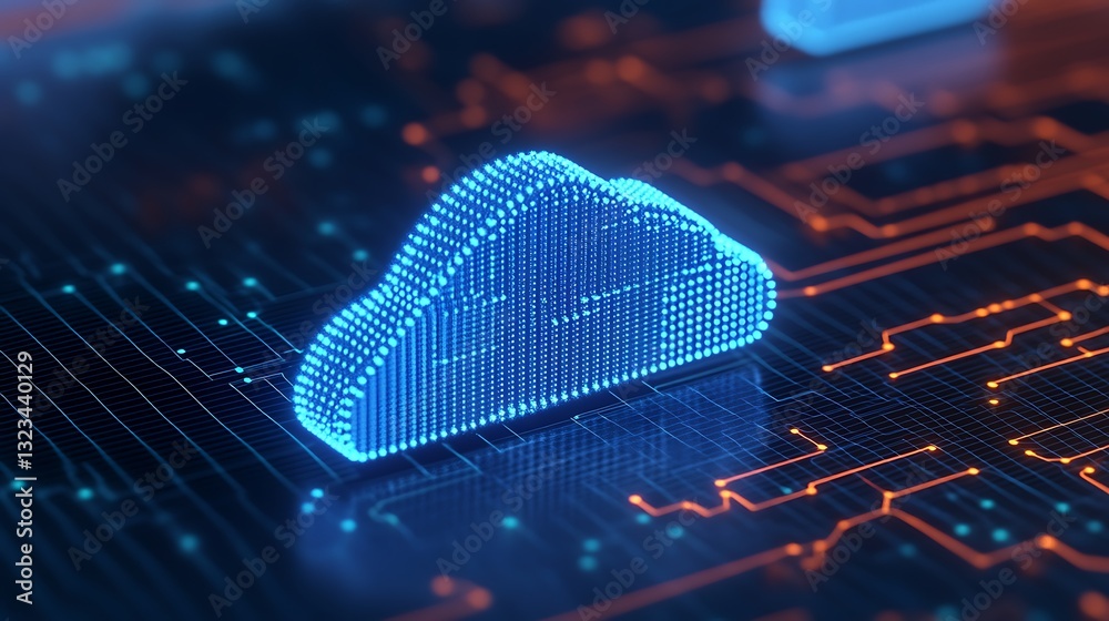 Poster digital cloud network concept with neon led lights and circuit patterns on a dark background