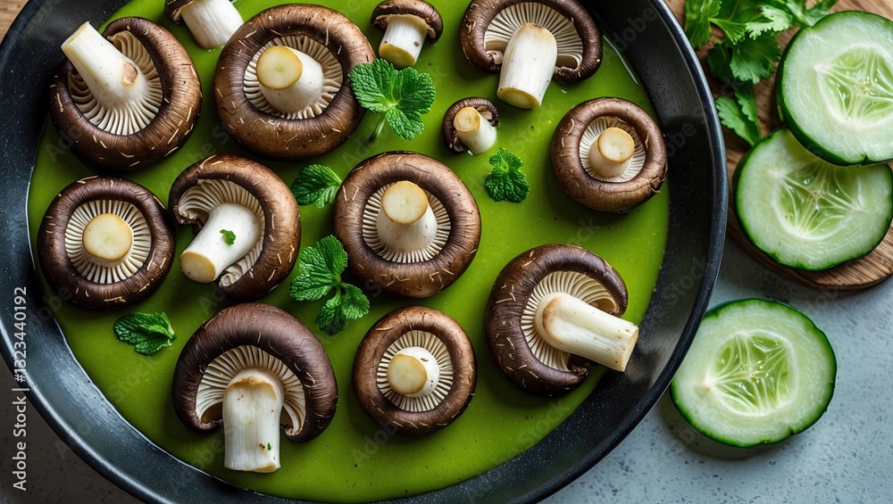 Poster fresh green mushroom soup surrounded by cucumbers and garnished with mint leaves in a dark bowl on a