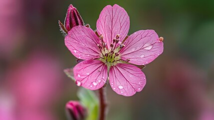 Obraz premium Close-up of vibrant pink flower with water droplets on petals and buds