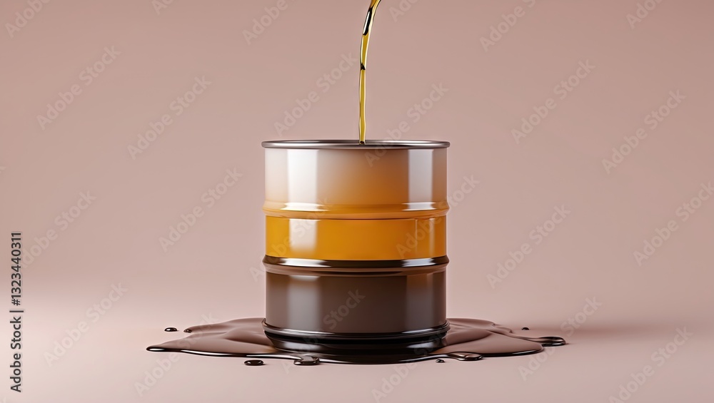 Poster Drum with golden oil spilling over a dark puddle on a light beige pastel background creating a vibrant and textured composition.