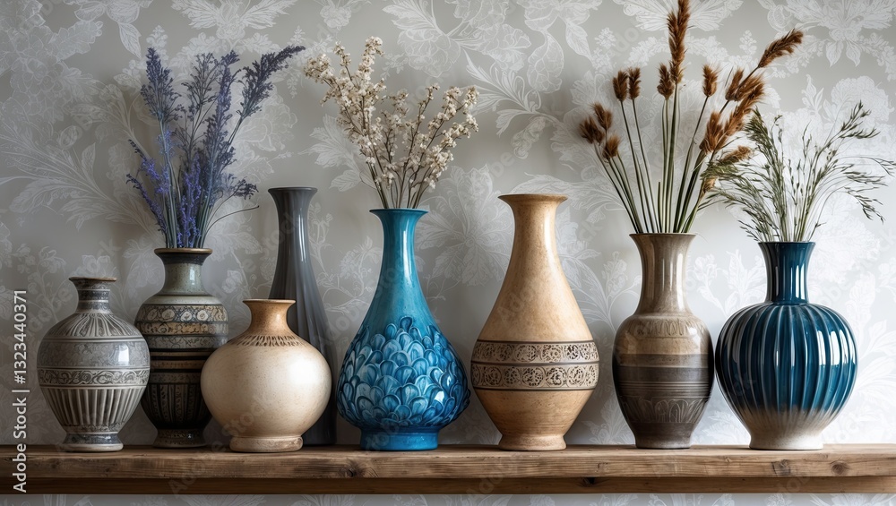 Poster Decorative vases in various colors arranged on a wooden shelf against a textured white wallpaper background with dried flowers in each vase.