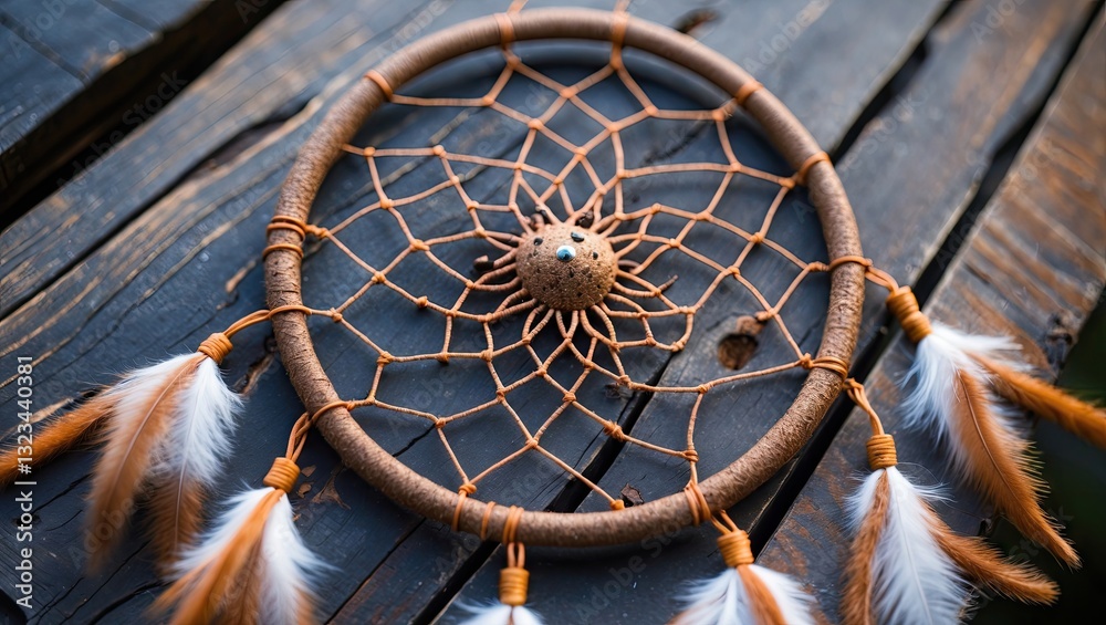 Poster dream catcher with brown feathers and a beige web on a rustic wooden surface illuminated by natural 