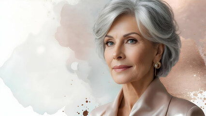 Timeless Elegance: A Woman in Her Late Fifties Through a 50mm f/1.8 Lens, Smooth Skin Stands Out on a Soft Watercolor Background with Platinum Accents