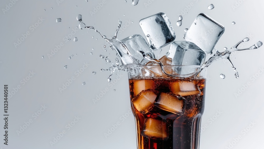 Poster Cola glass with ice cubes splashing against a white background featuring vibrant brown liquid and clear ice creating dynamic motion with copy space.