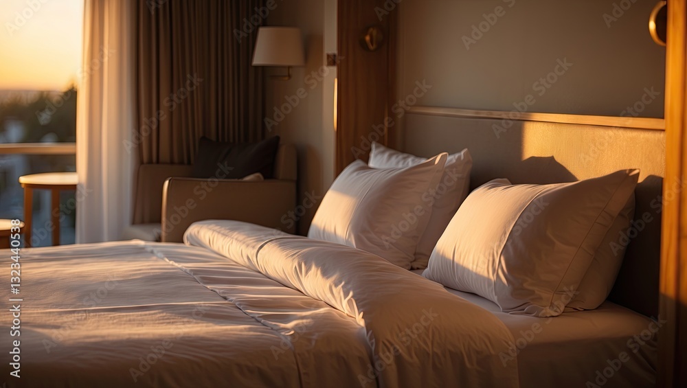 Poster luxury hotel room with soft beige bedding and fluffy pillows, illuminated by warm evening light, cre