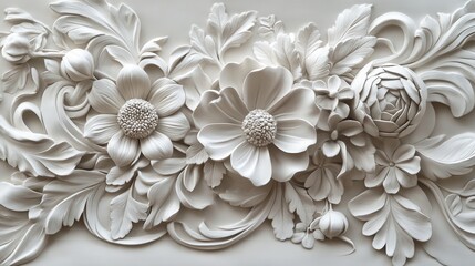 Exquisite white floral relief sculpture featuring intricate leaves and blossoms