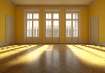 Fototapeta premium Sunlight on Hardwood Herringbone Parquet Floor in Yellow Room