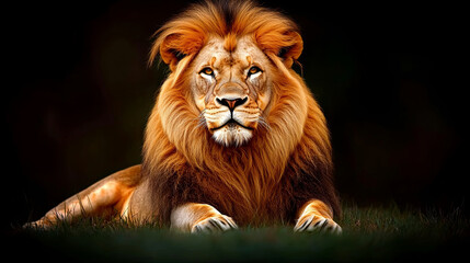 Majestic Lion Resting in Grass, Showcasing Strong Features and Vibrant Mane During Twilight Hours