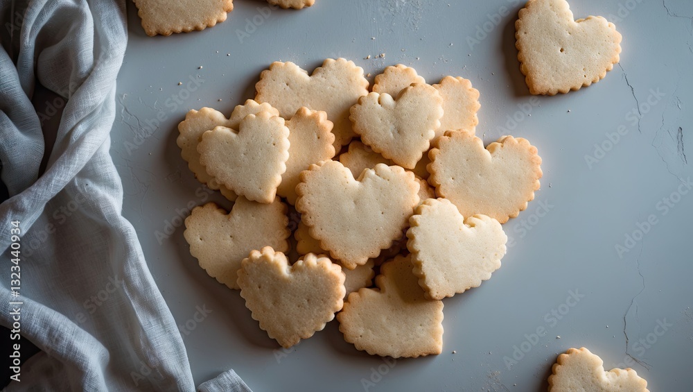 Poster Heart-shaped cookies arranged on a light gray surface with a soft white cloth partially draped, creating a cozy baking atmosphere.