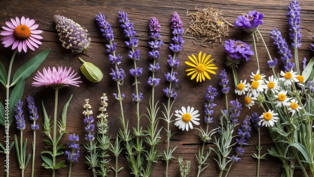Poster assorted fresh herbs including echinacea, lavender, and chamomile arranged vertically on a rustic wo