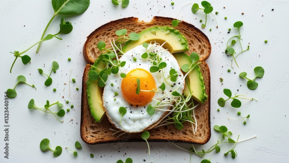 Poster avocado toast topped with a sunny side up egg, surrounded by microgreens on a clean white background