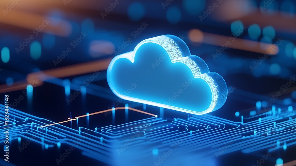 Poster digital cloud symbol over circuit pattern representing modern cloud computing technology and data st