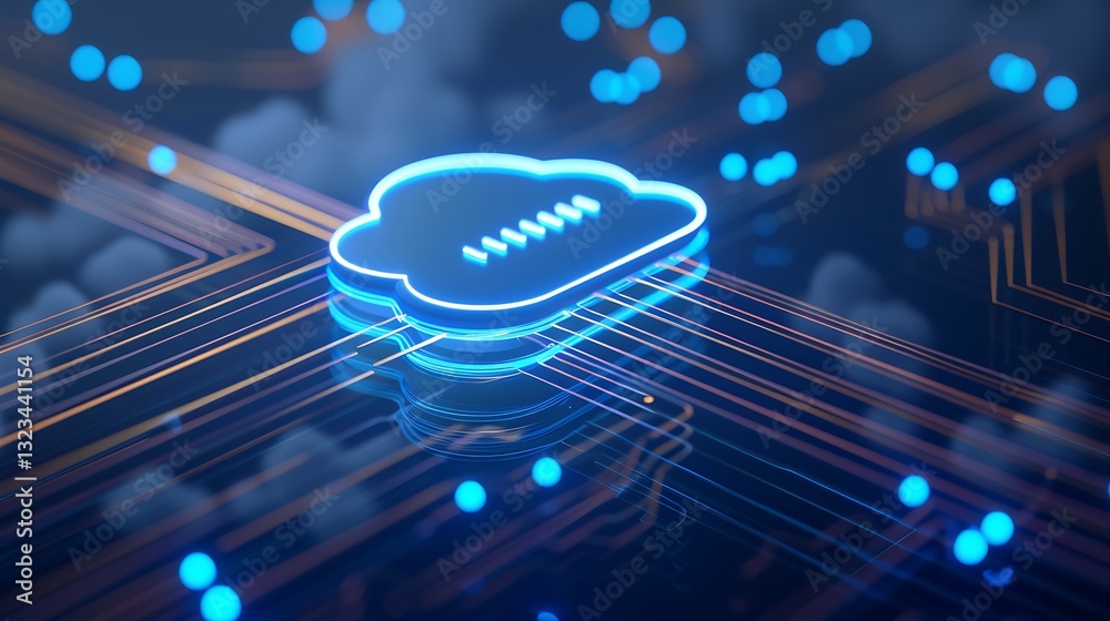 Poster Digital Cloud Symbol with Connection Lines and Bright Points Representing Data Transfer and Technology Ecosystem
