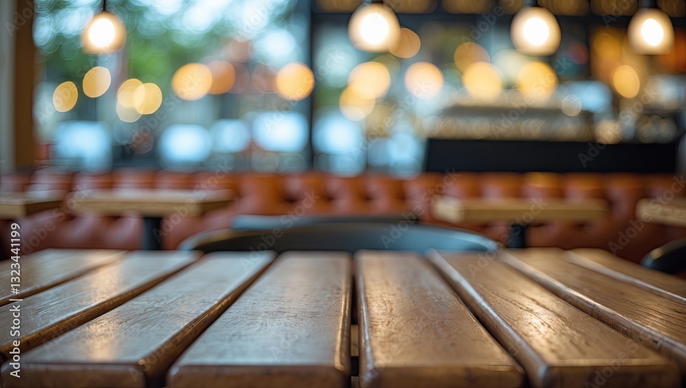 Aufkleber cozy cafã© interior with wooden table in foreground, blurred warm ambient lights in background, soft