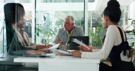 Business people, meeting and conversation with man, feedback and cooperation for project. Employees, coworking and group in office, discussion and proposal for client, sales increase and professional