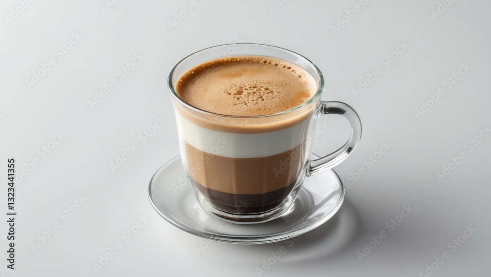 Poster glass cup filled with layered hot coffee and milk on a clear saucer. light grey background with ampl