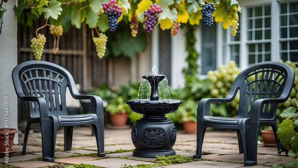 Poster Tranquil garden scene featuring two black plastic chairs positioned around a small fountain surrounded by lush greenery and vibrant grapevines.