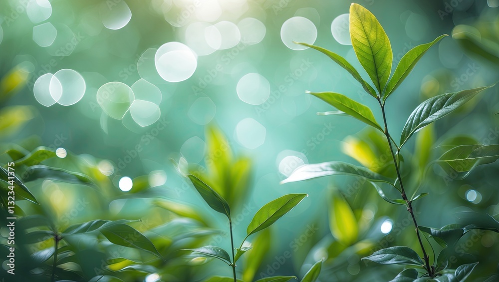 Poster lush green leaves softly blurred with radiant bokeh in the background showcasing bright highlights a