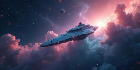 Obraz premium A Futuristic Spaceship Soaring Through a Dreamlike Celestial Landscape of Pink and Purple Clouds Under a Starry Night Sky