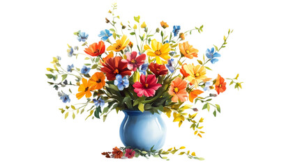 Vibrant Summer Flower Bouquet in Blue Vase on transparent background