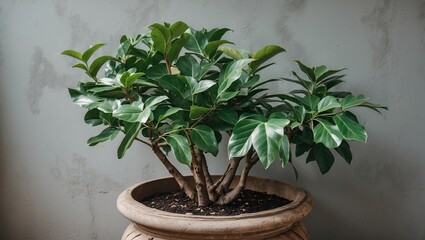 Ficus plant with lush green leaves positioned in a textured beige planter against a soft gray wall background, creating a serene indoor ambiance.