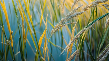 Golden rice plants and green grass blades in a lush field under soft sunlight, with a blurred blue background creating a serene atmosphere.