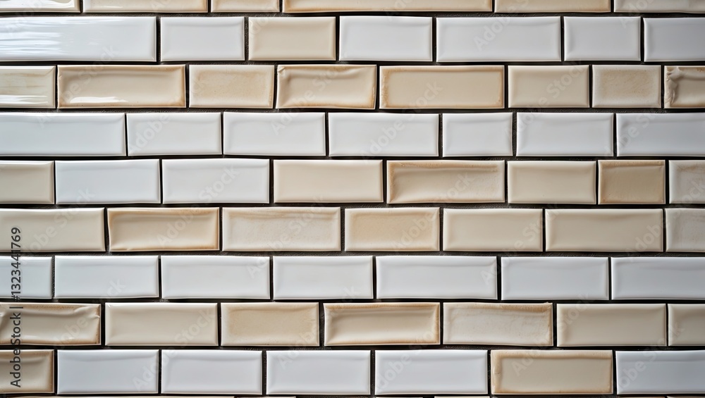Fototapete seamless white and cream glossy tile wall texture featuring elongated rectangular tiles arranged in 