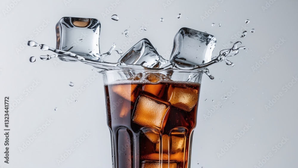 Aufkleber Ice cubes splashing into a glass of dark cola on a bright white background with clear space for text or design elements in the top and bottom areas.
