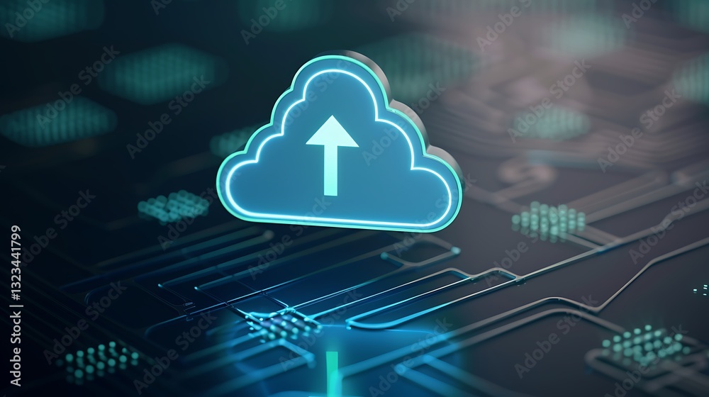 Poster digital cloud upload symbol on abstract circuit background for technology and connectivity concepts