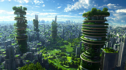 Obraz premium Green Vertical Cityscape With Lush Vegetation And Modern Architecture Under a Bright Blue Sky