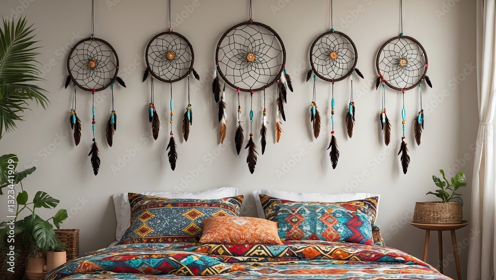 Poster colorful ethnic bedding with dreamcatchers arranged vertically on a light wall above a vibrant bedsp