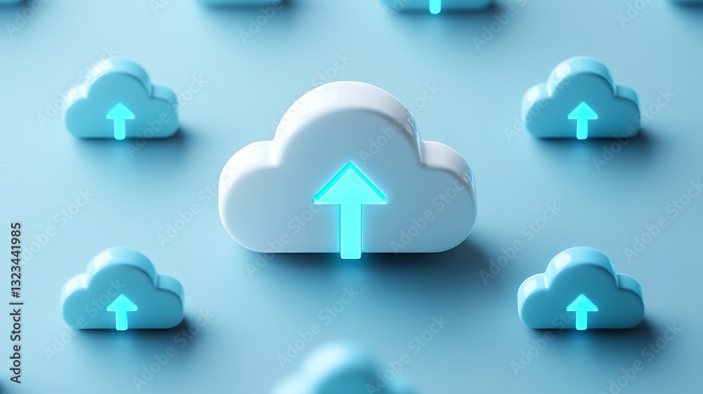 Poster digital cloud with upload arrow surrounded by floating clouds on a soft blue background