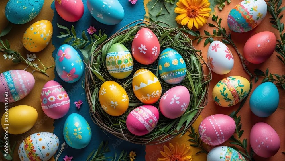 Poster colorful easter table arrangement with painted eggs in a circle on a vibrant multicolored background