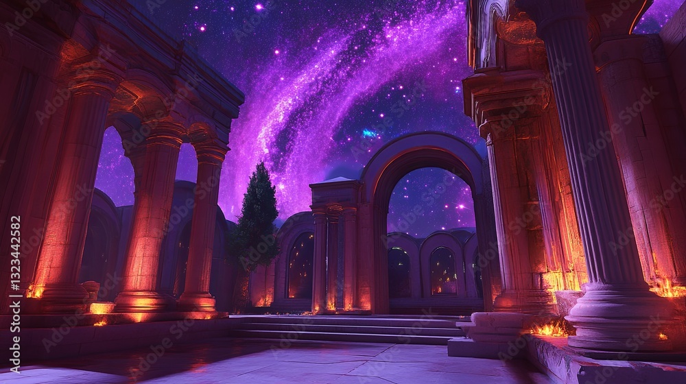 Wall mural a celestial sanctuary with glowing pillars and a starry sky visible through open arches digital