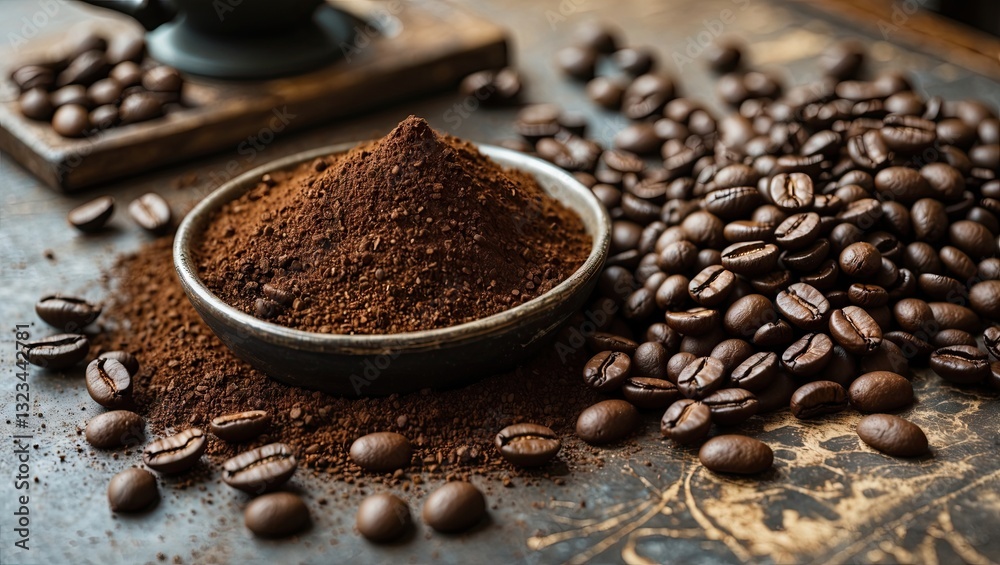 Poster Ground coffee in a rustic bowl on an aged wooden table with coffee beans scattered around creating a warm earthy atmosphere.