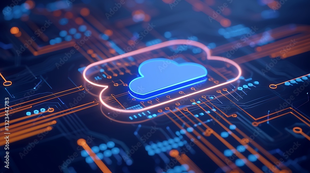 Poster futuristic cloud computing concept with circuit patterns and neon glow on dark background