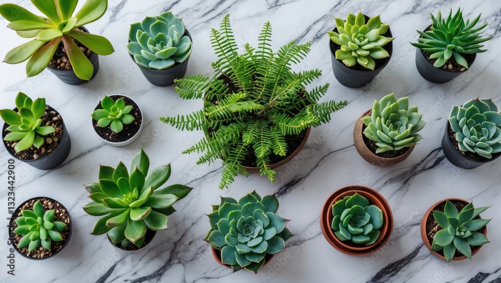 Aufkleber Succulent plants in various pots arranged on a white marble table with green leaves and empty space for text ideal for home decor concepts