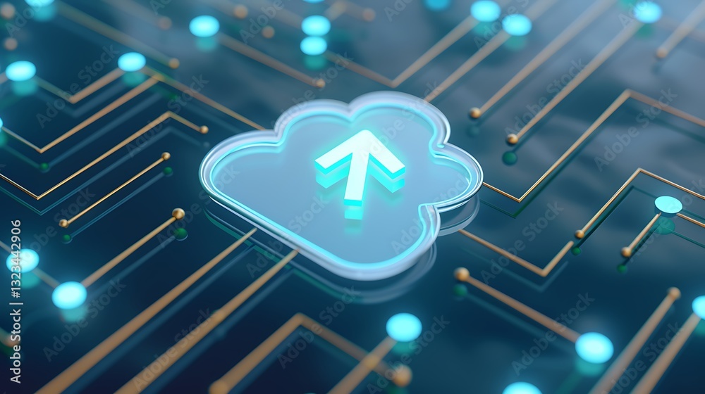 Poster futuristic cloud computing concept with data transfer arrow and circuit board background