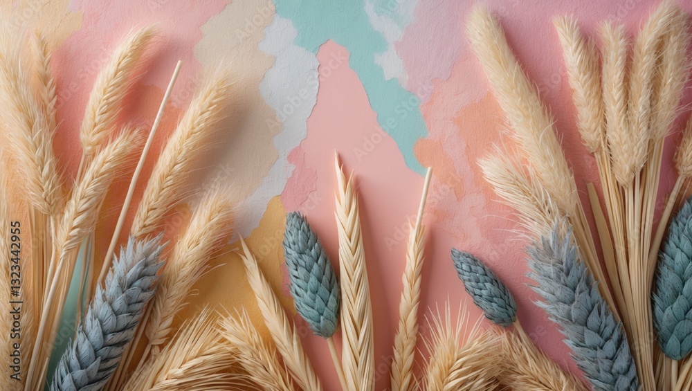 Poster pastel colored textured backdrop featuring stylish dried plants in beige and blue arranged thoughtfu