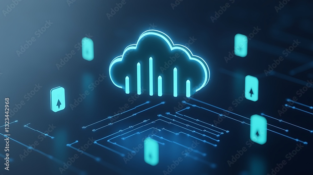 Poster futuristic cloud computing concept with data upload symbols and digital circuit background